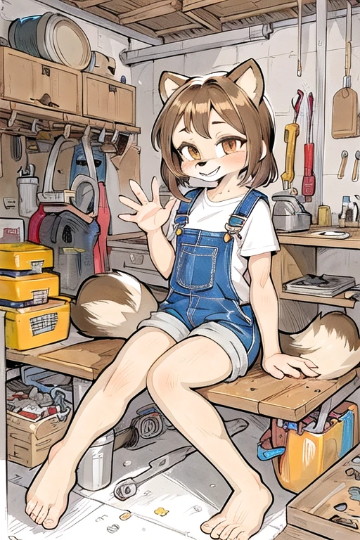 (masterpiece), daigaijinTraditionalStyle, traditional media artwork, watercolor artwork, 1girl, smile, brown hair, shirt, raccoon ears, brown eyes, sitting, tail, shorts, barefoot, furry, waving, furry female, checkered clothes, overalls, mechanic, tools, garage, wrench, grease, workbench