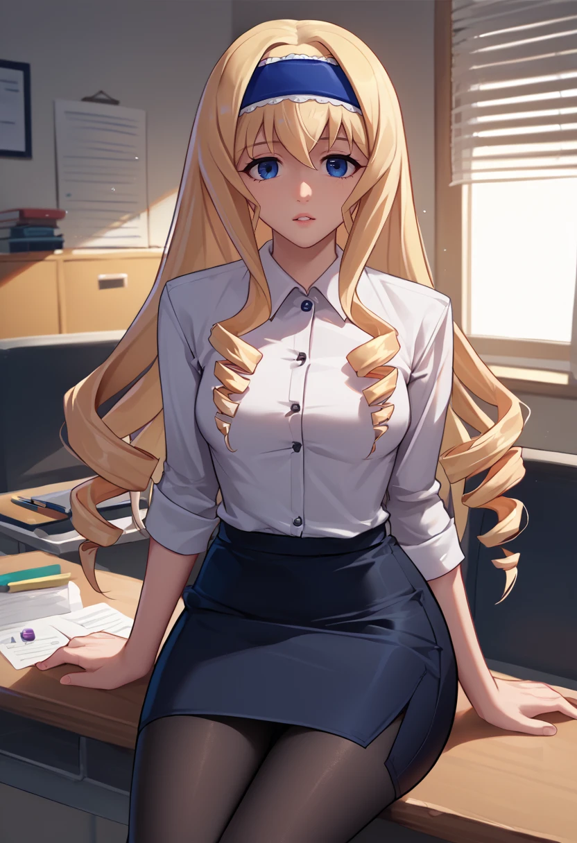 score_9, score_8_up, score_7_up, source_anime, solo, 1girl, c3ciliaalcott, parted lips, looking at you, sitting on table, drill hair, blue hairband, white shirt, collared shirt, black skirt, pencil skirt, black pantyhose, indoors, office <segment:yolo-face_yolov8m.pt>