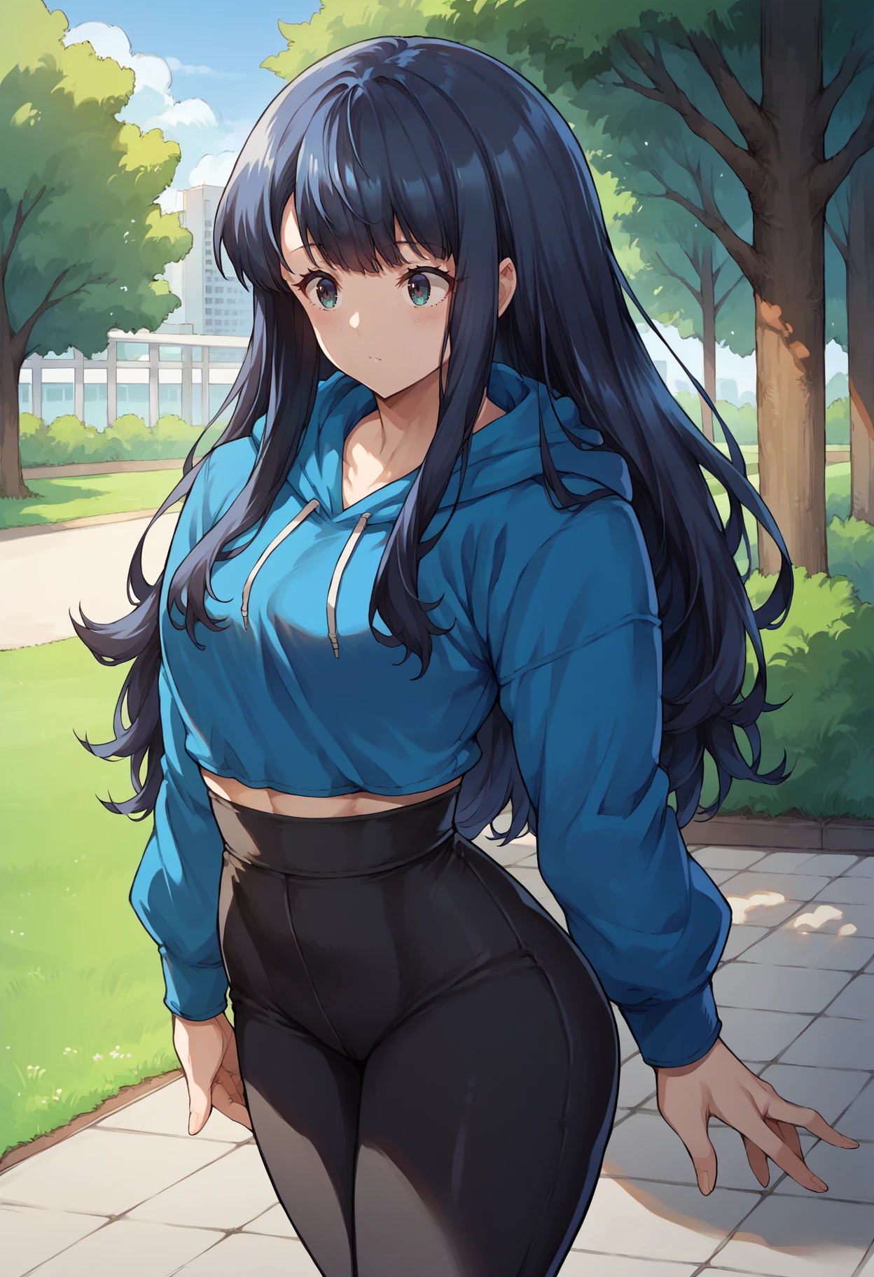 score_9, score_8_up, source_anime, 1girl, solo, SuzuneInukami, long hair, sidelocks, outdoors, park, blue hoodie, high-waist pants, yoga pants, black pants, light blush, <lora:ChamSuzuneInukamiPonyXL:1>