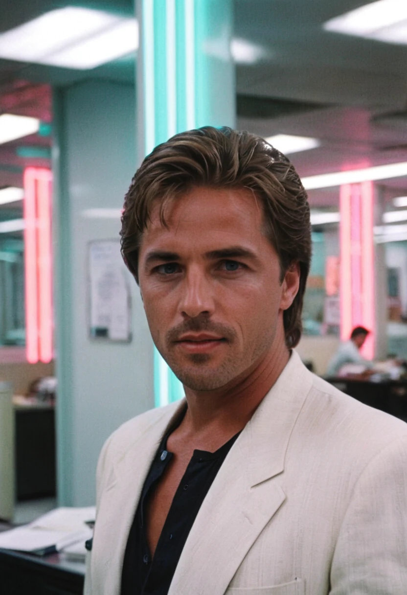 MiamiVice, Sonny Crockett, blue eyes, office, neon lights, indoors, highly detailed, 4K, (grainy analog 35mm film photo)