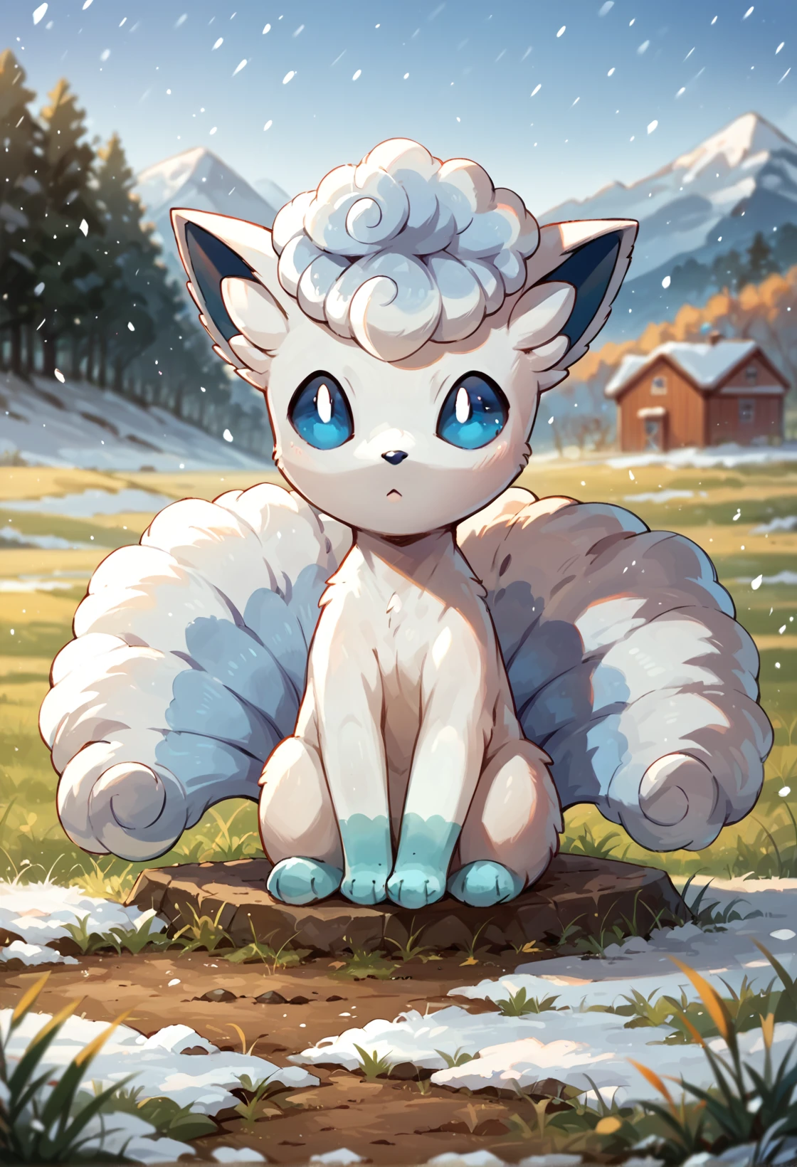 score_9, score_8_up, score_7_up, score_6_up, source_furry, dof, full-length portrait, solo, blurred background, snowing, <lora:POKEMON_ALOLAN_VULPIX:1> alolan_vulpix, pokemon (creature), blue eyes, white body, cute, sitting, pretty, snowy field background