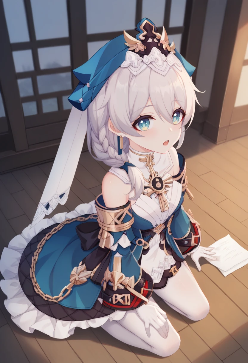 score_9,score_8_up,score_7_up,score_6_up,
<lora:Honkai3_DLS_pony:1>,Honkai_TA,1girl,solo,blue eyes,white hair,looking at viewer,bangs,white gloves,braid,blue dress,detached sleeves,white veil,chain,white_pantyhose,
:D,open mouth,looking_at_viewer,
indoor,paper window,kneeling,from_above,wood flooring,