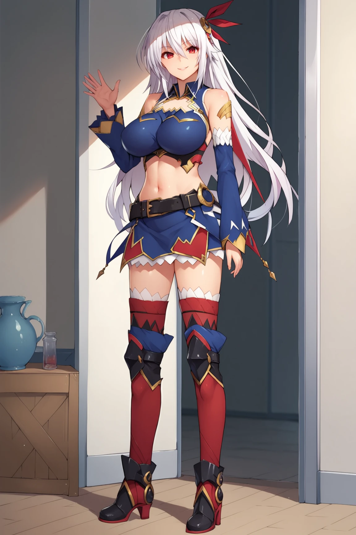 score_9, score_8_up, score_7_up, score_6_up, BREAK, EleonoraViltariaMOVXL, red eyes, white hair, long hair, hair between eyes, sidelocks, hair ornament, large breasts, clothing cutout, blue midriff, detached sleeves, blue sleeves, black belt, blue skirt, red thigh boots, solo, full body, standing, waving, seductive smile, looking at viewer, indoors <lora:EleonoraViltariaMOVXL:0.8>