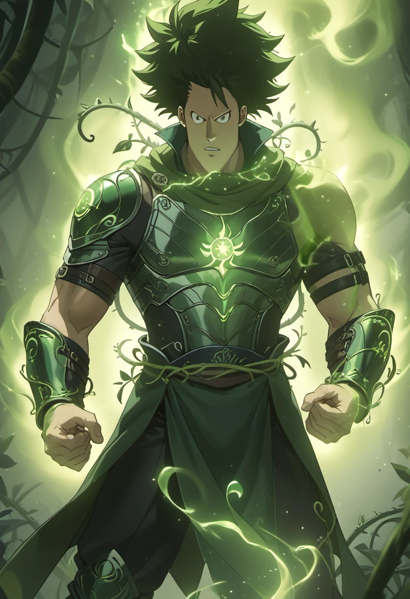 score_9, score_8_up, score_7_up, source_anime, rating_safe, plants-vines, Wartail, 1boy, male focus, [[[anime screencap]]], green aura, leather armor, waist cloth, fighting stance, auralora, dark aura, hands with five fingers, glowing