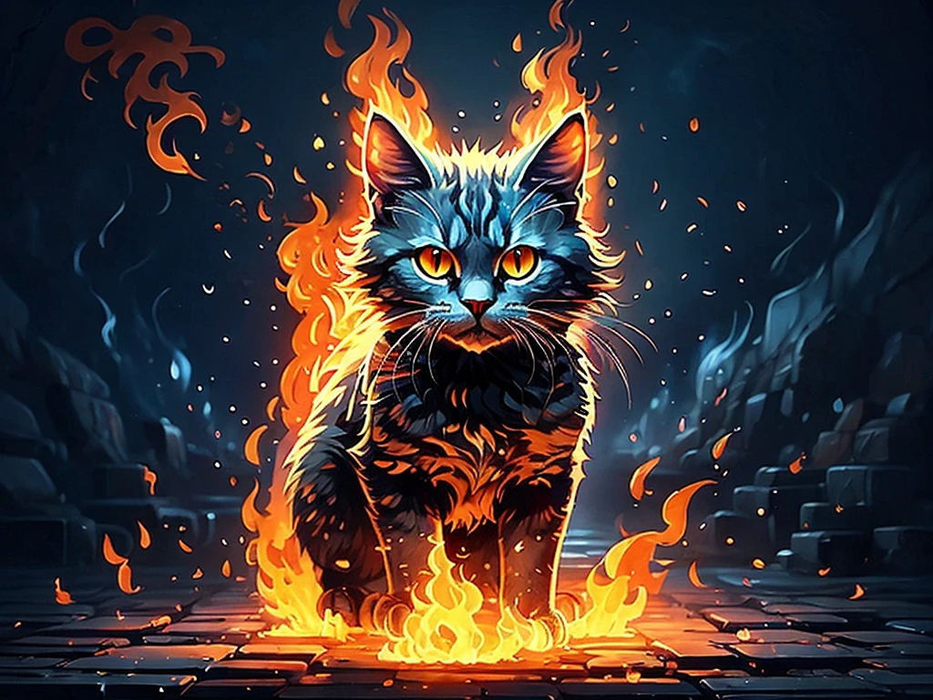 (RAW photo,best quality, realistic,photo-realistic:1.2), extremely detailed,8k wallpaper, Amazing,ultra-detailed,highres, (blue fire:1.2), silhouette, explosion, The flame is in the silhouette of a cat, realistic fire, cat, aura, animal focus, no humans, looking at viewer, animal, watermark, Water is evaporating, yellow eyes, slit pupils, burning, glowing,,fire magic,fire ball, fire aura, kooo123,kooocat <lora:Firecat_v1:0.8>