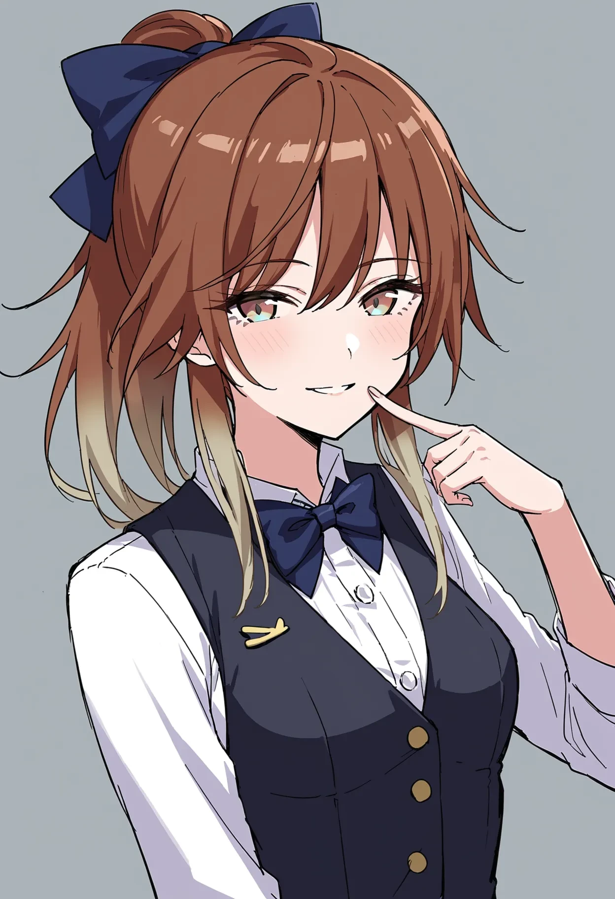 m_aketa, score_9, best quality,
1girl, bartender, black vest, blue bow, blue bowtie, blush, bow, bowtie, breasts, brown hair, ponytail, blonde hair, multicolored hair, gradient hair, dated, finger to mouth, small breasts, looking at viewer, shirt, simple background, sketch, smile, solo, upper body, vest, white shirt, brown eyes, gradient eyes, multicolored eyes
<lora:m_aketaXL_pony:1>