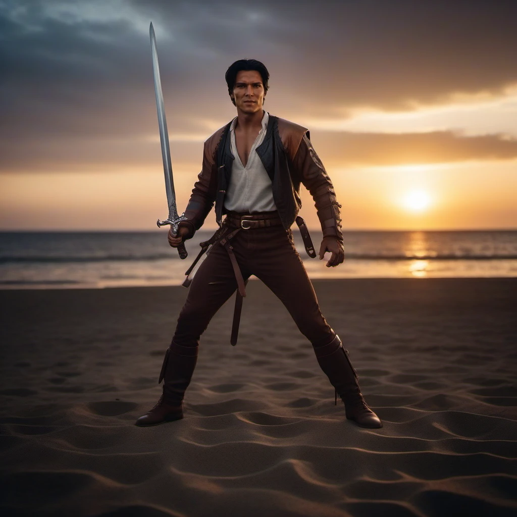 cinematic photo a full body portrait of a man, realistic, black hair, jacket, leather, holding a sword, beach, sunset <lora:RidleyFreeborn1024:0.8> . 35mm photograph, film, bokeh, professional, 4k, highly detailed