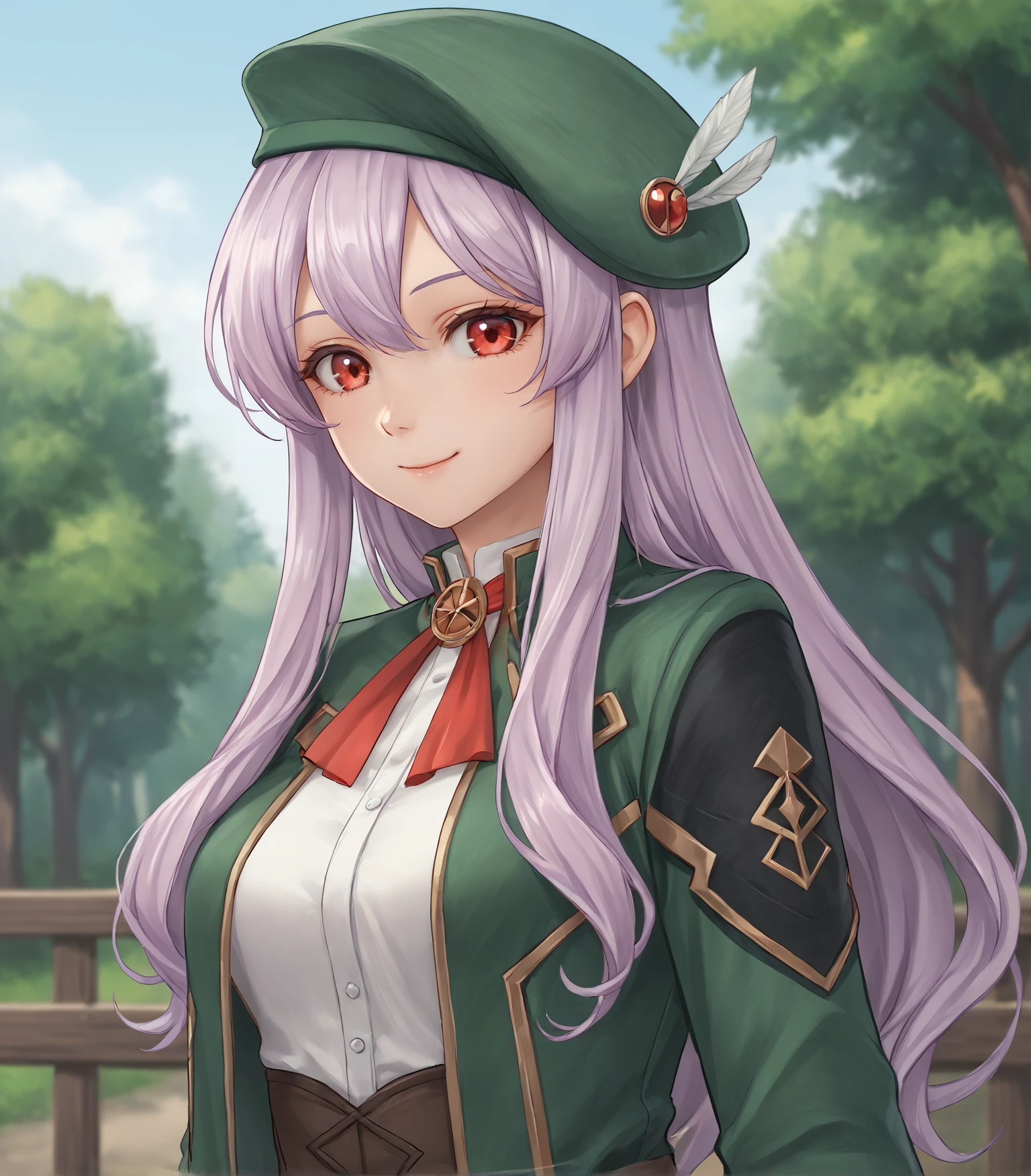 score_9, score_8_up, score_7_up, score_6_up, score_5_up, score_4_up, BREAK source_anime,
1girl, solo, upper body, portrait looking at viewer, smile, outdoors, sky, trees,
<lora:Racoonkun_Artist_Style:0.6>, racoonsan,,
<lora:Aeolia:0.9>, Aeolia, lavender hair, long hair, red eyes, medium breasts, green beret, hat, green dress, green coat, black pantyhose, white shirt, brown shorts, fleece lined boots, brown boots,