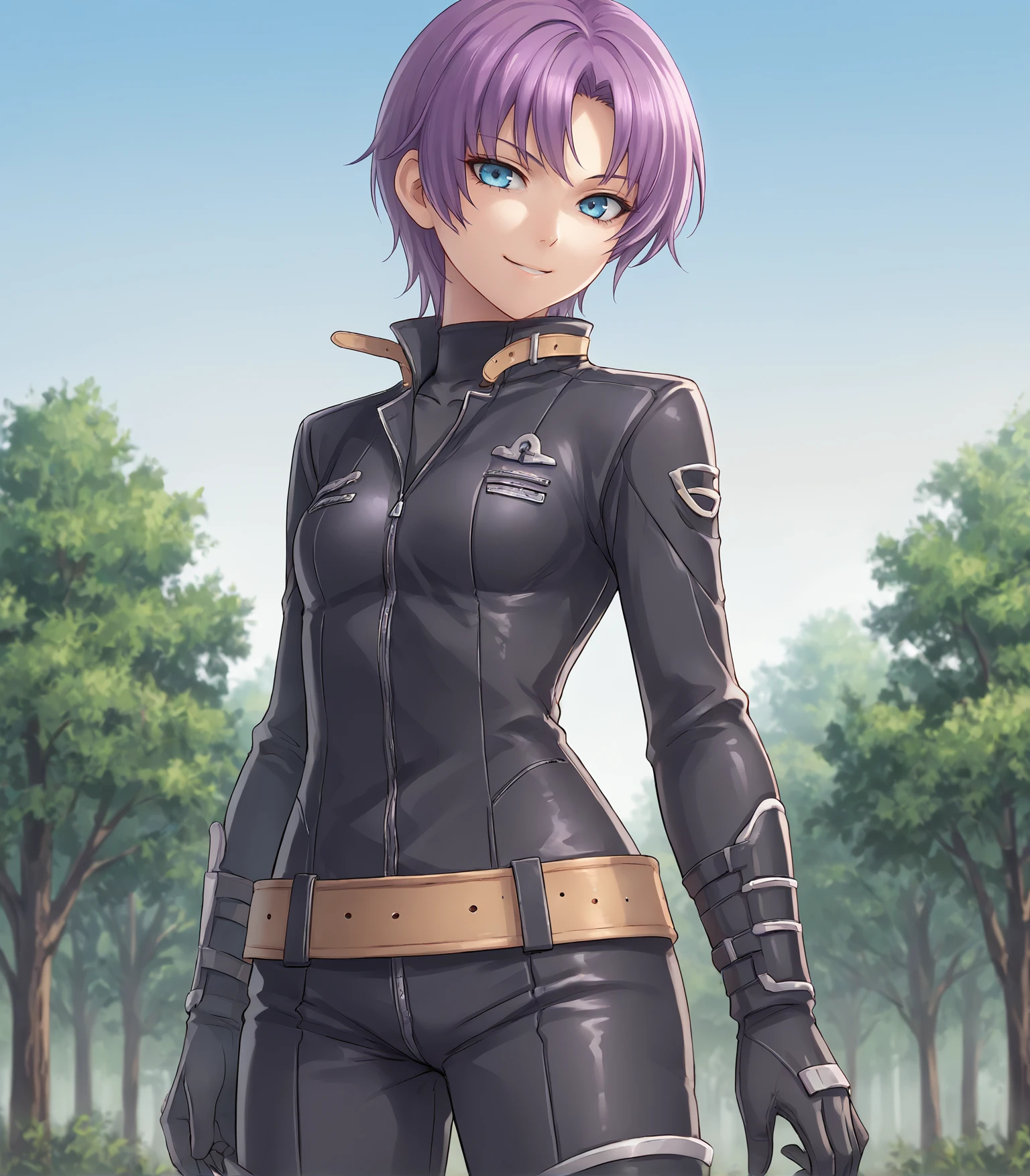 score_9, score_8_up, score_7_up, score_6_up, score_5_up, score_4_up, BREAK source_anime,
1girl, solo,  cowboy shot  looking at viewer, smile, outdoors, sky, trees, 
<lora:Racoonkun_Artist_Style:0.6>, racoonsan,,  
 <lora:AngelicaCS2:0.9>, Angelica Rogner, purple hair, short hair, blue eyes, black bodysuit, black boots, belt,