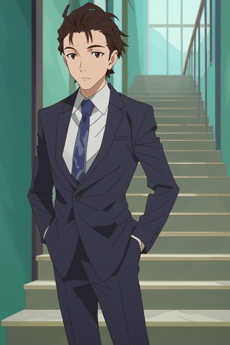 score_9, score_8_up, score_7_up, score_6_up, masterpiece, best quality, amazing quality, best aesthetic, absurdres, intricate details, official style
makoto edamura, brown hair, brown eyes, 1boy, male focus, formal, suit, solo, necktie, hands in pockets, stairs, pants, shirt, standing, black pants, parody, white shirt, looking at viewer, collared shirt, blue necktie, jacket, short hair, black jacket, slicked back hairstyle<lora:EMS-447424-EMS:1.000000>