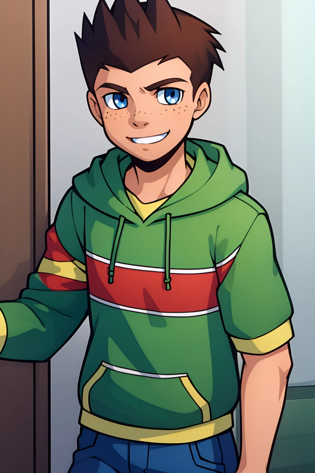 Jack_power,1boy,solo,male focus,brown hair,short hair,spiked hair,blue eyes,freckles,green hoodie,blue pants,smile,looking at viewer