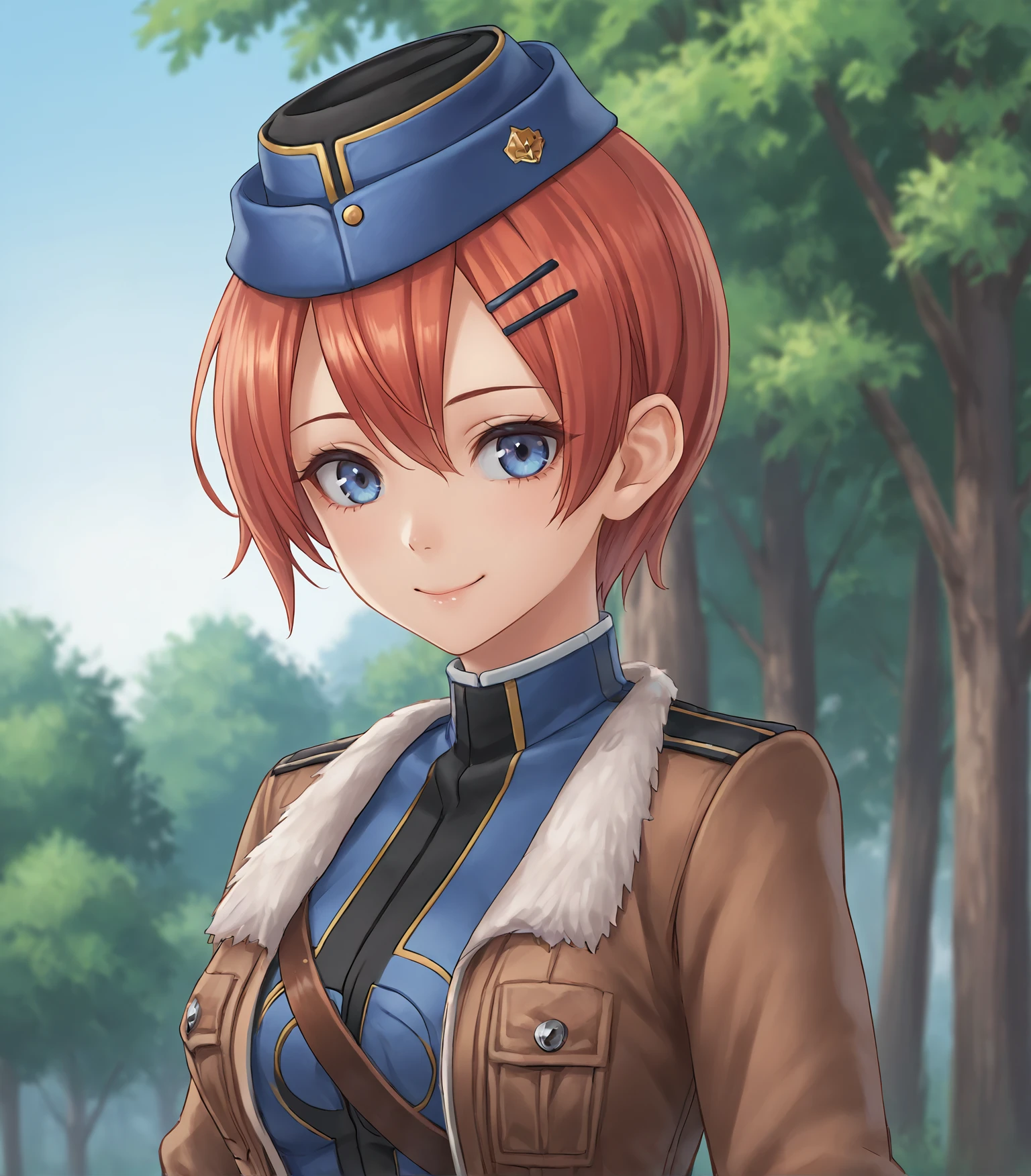 score_9, score_8_up, score_7_up, score_6_up, score_5_up, score_4_up, BREAK source_anime,
1girl, solo,  <lora:Emily:0.9>, Emily, short hair, red hair, hair ornament, hairclip, blue eyes, medium breasts, garrison cap, brown jacket, blue military uniform, brown belt, blue skirt, black pantyhose, black boots, white gloves,
upper body, portrait, looking at viewer, smile, outdoors, sky, trees, 
<lora:Racoonkun_Artist_Style:0.6>, racoonsan,,