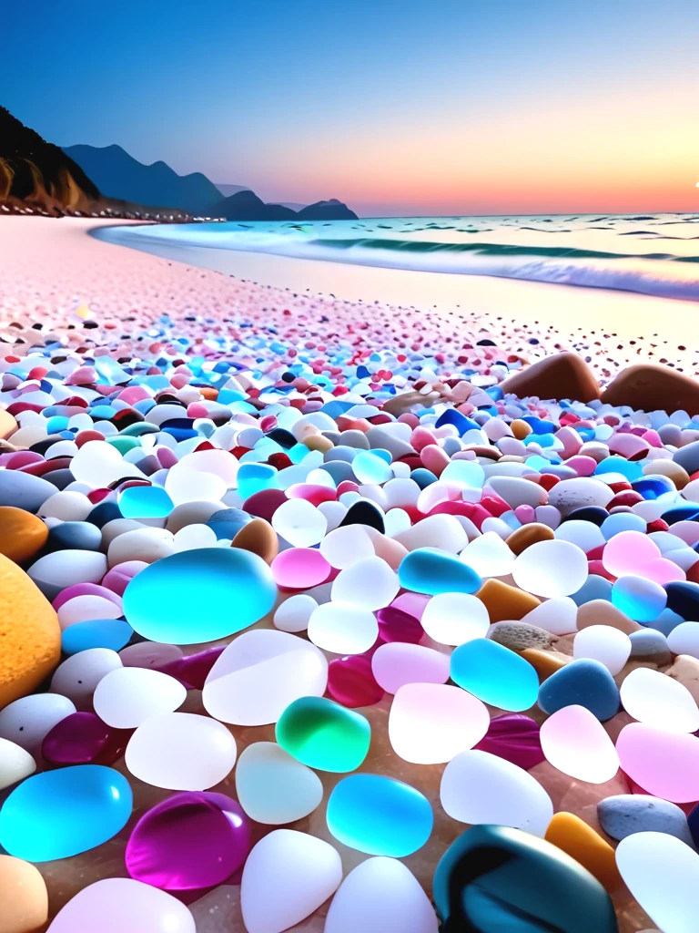 glass beach, colorful pebbles, gemstone cobbles, crystal marbles, multiple colored transparent beads, glowing, sky, sea, ocean, scenery, <lora:glassbeach_sdxl:1>