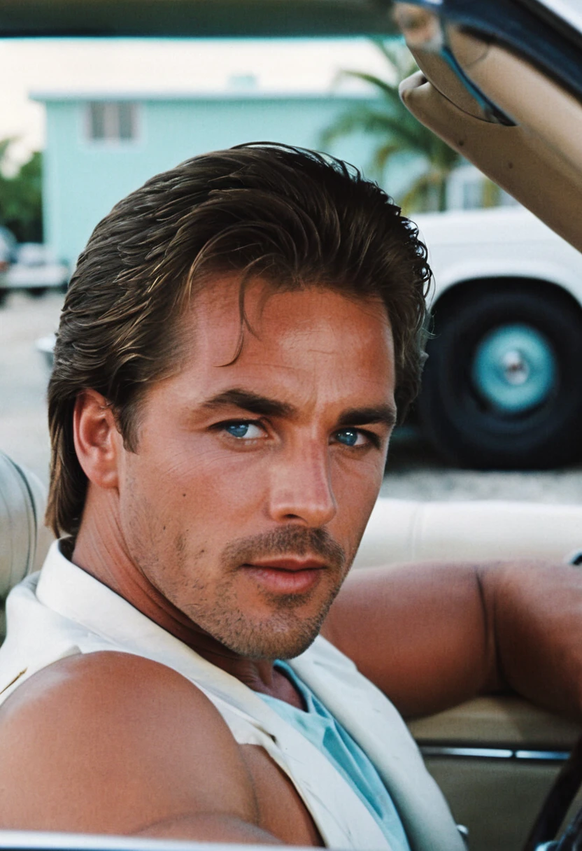 MiamiVice, Sonny Crockett, blue eyes, highly detailed, 4K, (grainy analog 35mm film photo)