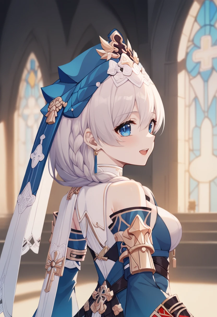 score_9,score_8_up,score_7_up,score_6_up,
<lora:Honkai3_DLS_pony:1>,Honkai_TA,white hair,looking at viewer,bangs,blue eyes,white gloves,braid,blue dress,detached sleeves,white veil,chain,upper_body,white_pantyhose,light smile,:D,open mouth,indoor,church,crystal windows,look to the lens,