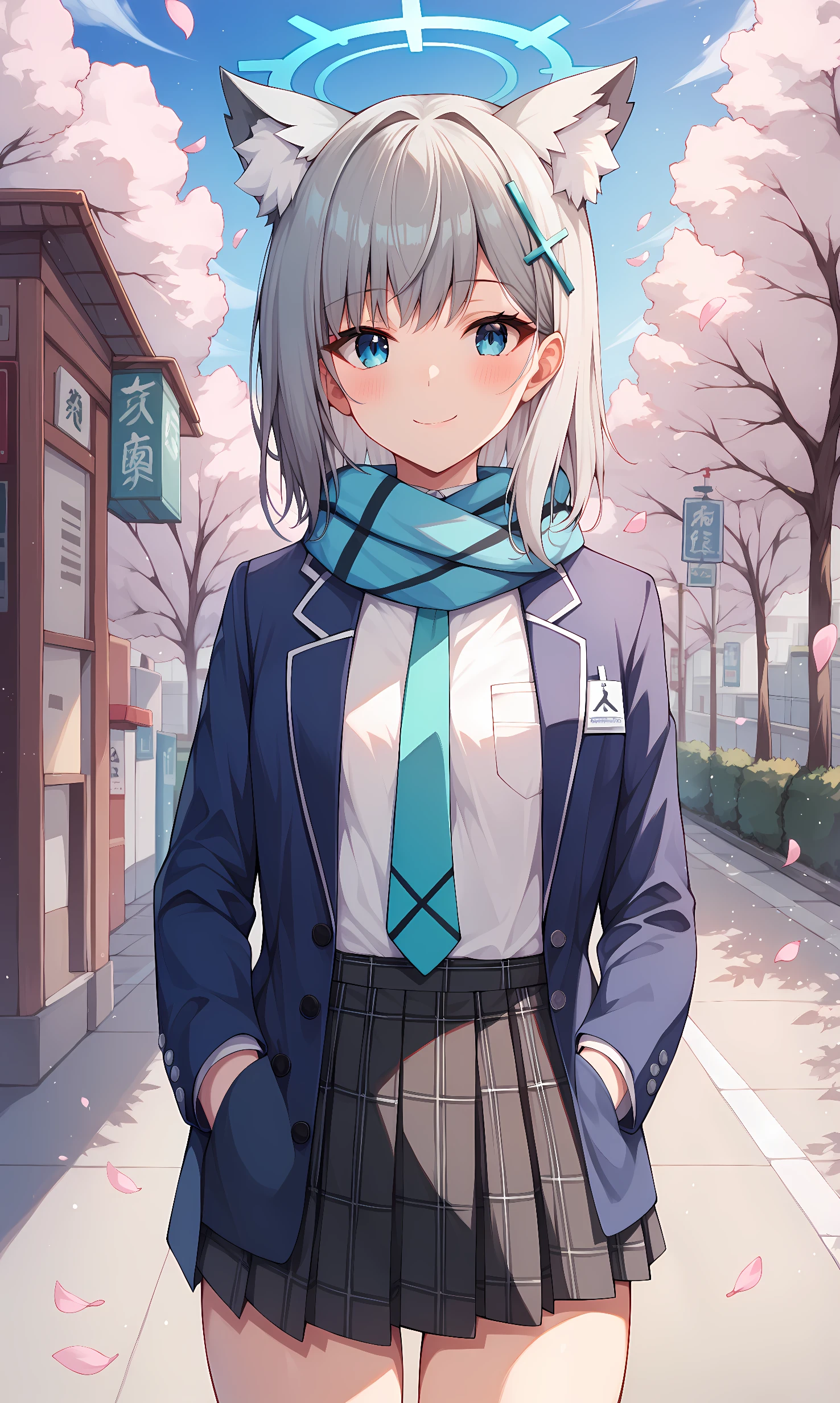 score_9, score_8_up, score_7_up, score_6_up, BREAK source_anime, 1girl, solo, outdoors, street, cherry blossoms, cowboy shot, standing, looking at viewer, shiroko, blue eyes, grey hair, short hair, cross hair ornament, fox ears, halo, blue blazer, open clothes, long sleeves, green gloves, two-tone gloves, white shirt, blue scarf, blue necktie, black skirt, plaid skirt, pleated skirt, white kneehighs, sneakers, smile, closed mouth, blush, hands on pocket