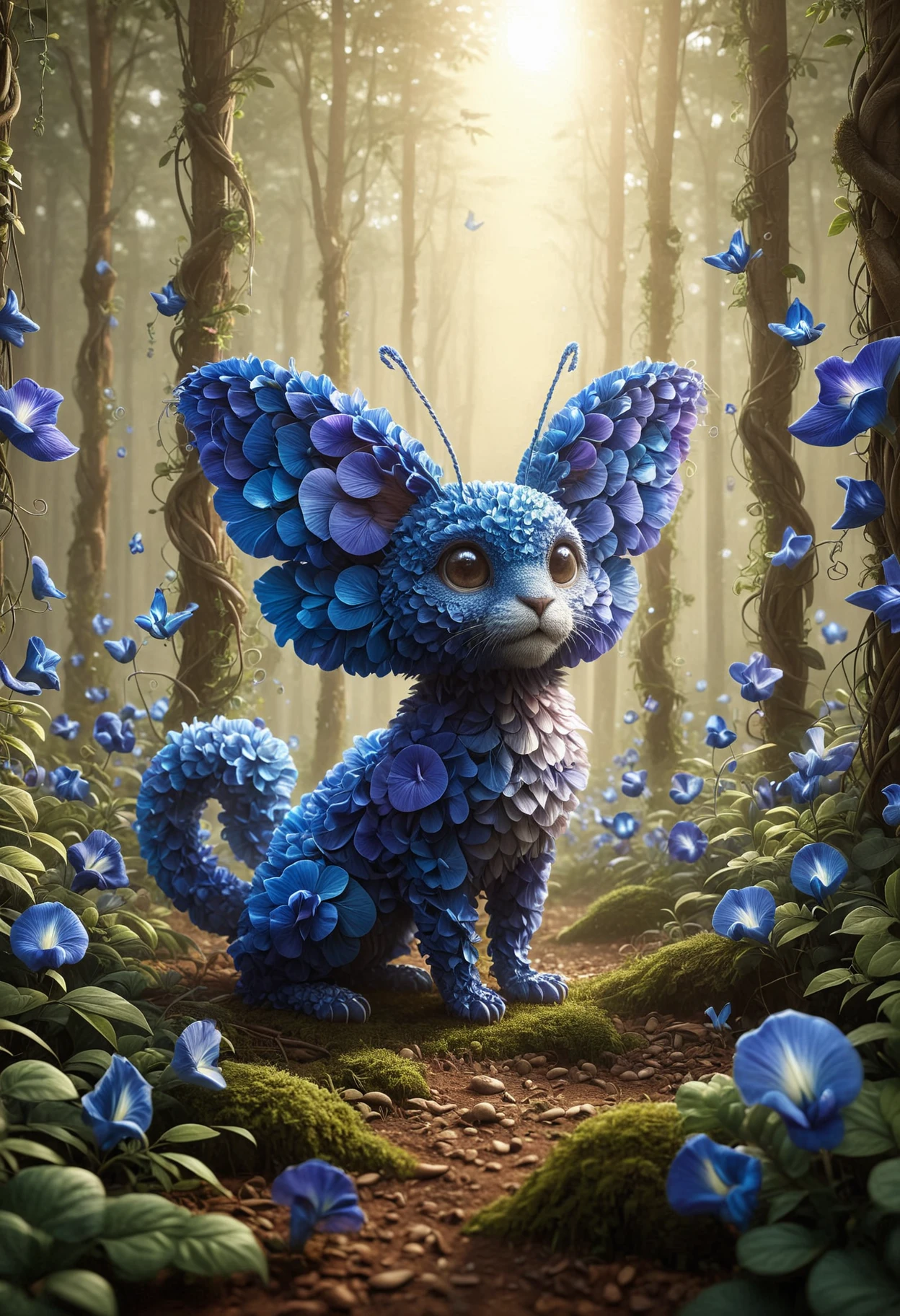 adorable cartoon style, an enchanting forest, friendly creatures frolic among unique flora, creating a scene of pure wonder, 3d render cartoon made out of butterfly pea flowers, <lora:PinkieBttflwrsSDXL-v1:1>, p1nkbttrflyp3a,