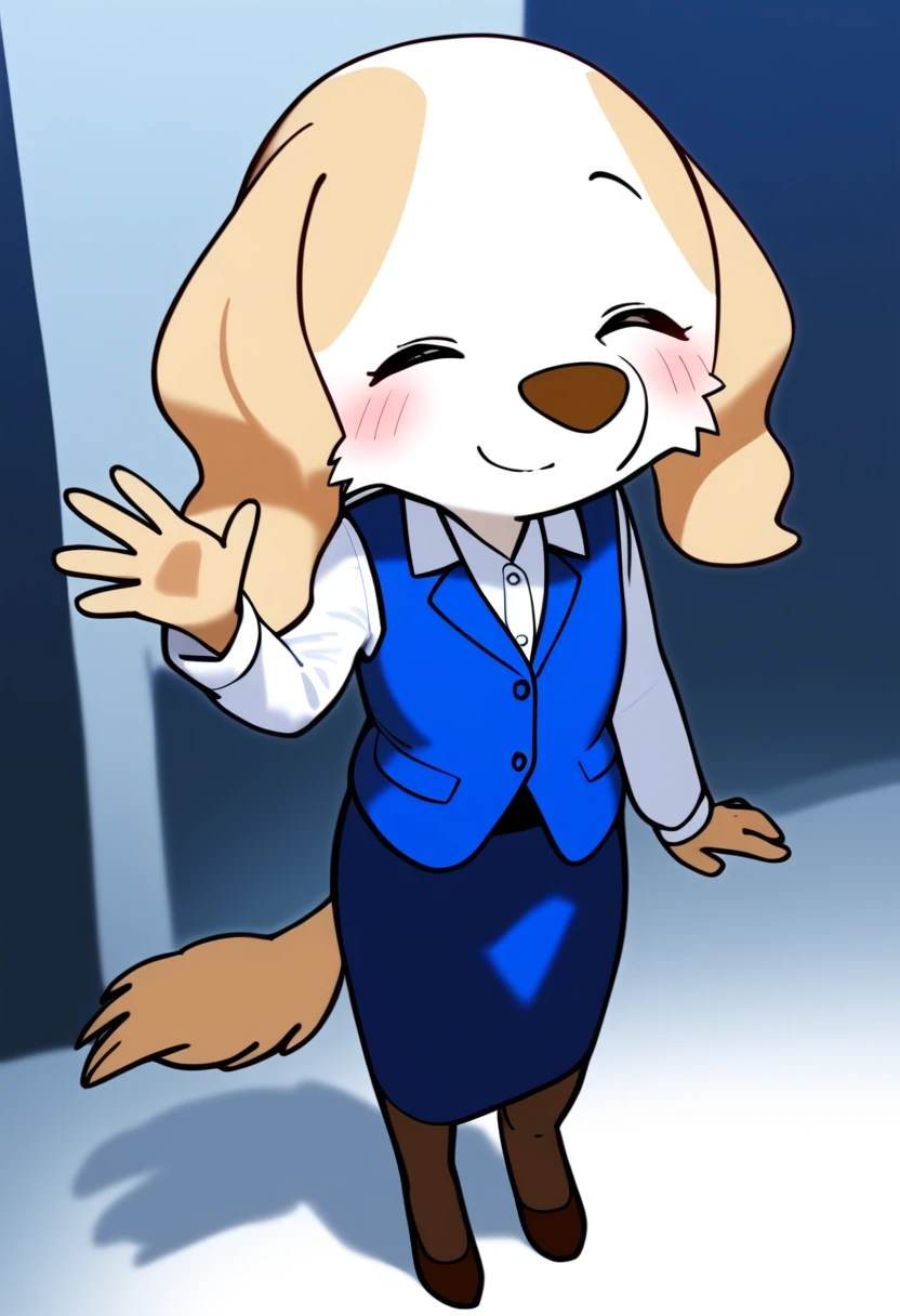 <lora:Inui_Aggretsuko-03:1> score_9, score_8_up, score_7_up, score_6_up, score_5_up, score_4_up, inui_aggretsuko, dog girl, furry female, standing, smile, full body, skirt, blue vest, office lady, waving. closed eyes, blush