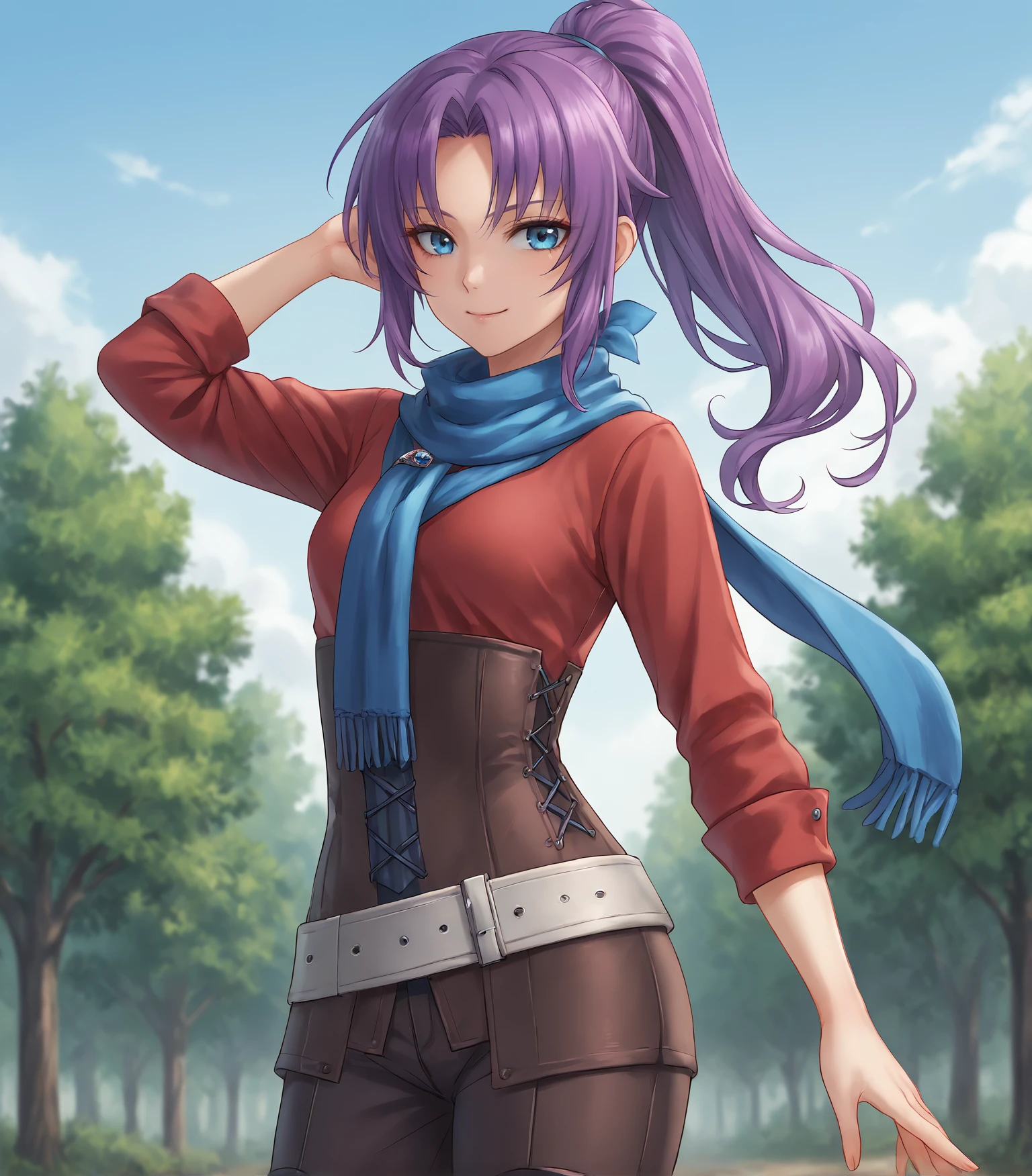 score_9, score_8_up, score_7_up, score_6_up, score_5_up, score_4_up, BREAK source_anime,
1girl, solo,  cowboy shot  looking at viewer, smile, outdoors, sky, trees, 
<lora:Racoonkun_Artist_Style:0.6>, racoonsan,,  
 <lora:AngelicaCS4:0.9>, Angelica Rogner, purple hair, long hair, ponytail, blue eyes, red shirt, blue scarf, blue neckwear, brown corset, pants, black boots, white belt