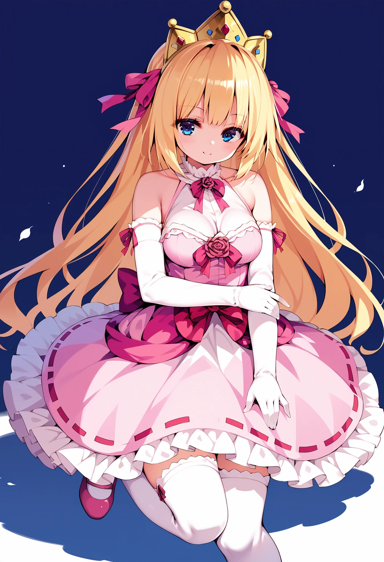 score_9, score_8_up, score_7_up,source_anime,anatomically correct,best perspective BREAK
1girl, solo, milf, 
 <lora:PrincessRutee:1>  rutee, blonde hair, long hair, blue eyes, thighhighs, dress, pink dress, crown, gloves, elbow gloves, white gloves, ribbon, detached sleeves, pink footwear,