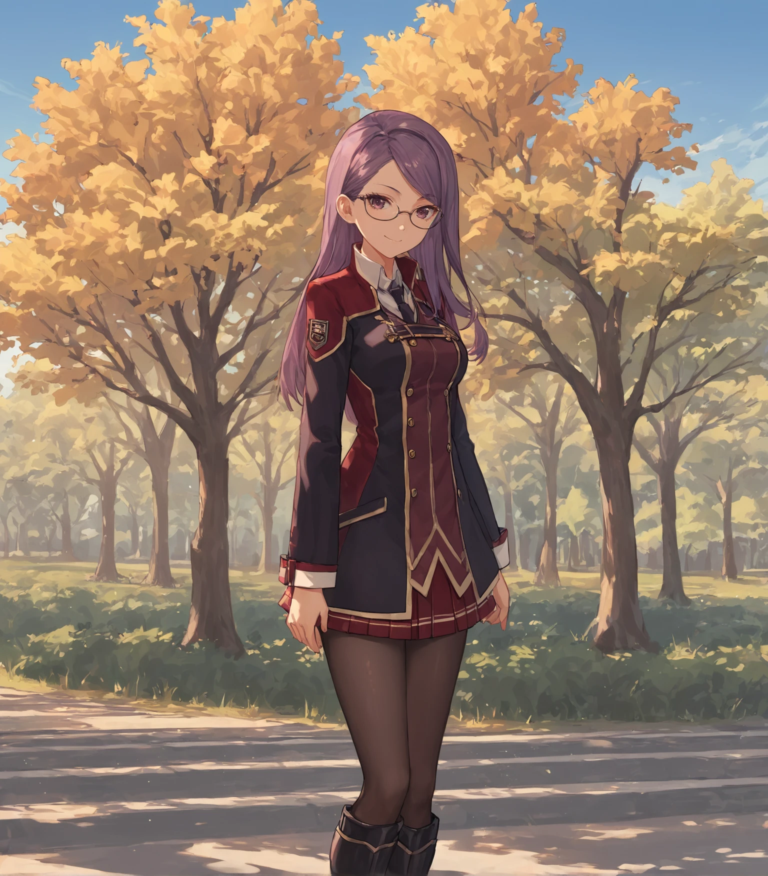 score_9, score_8_up, score_7_up, score_6_up, score_5_up, score_4_up, BREAK source_anime,
1girl, solo,  cowboy shot  looking at viewer, smile, outdoors, sky, trees, 
 <lora:AdaGrant:0.9>, Ada Grant, purple hair, long hair, medium breasts, glasses, red school uniform, miniskirt, black pantyhose, black boots,