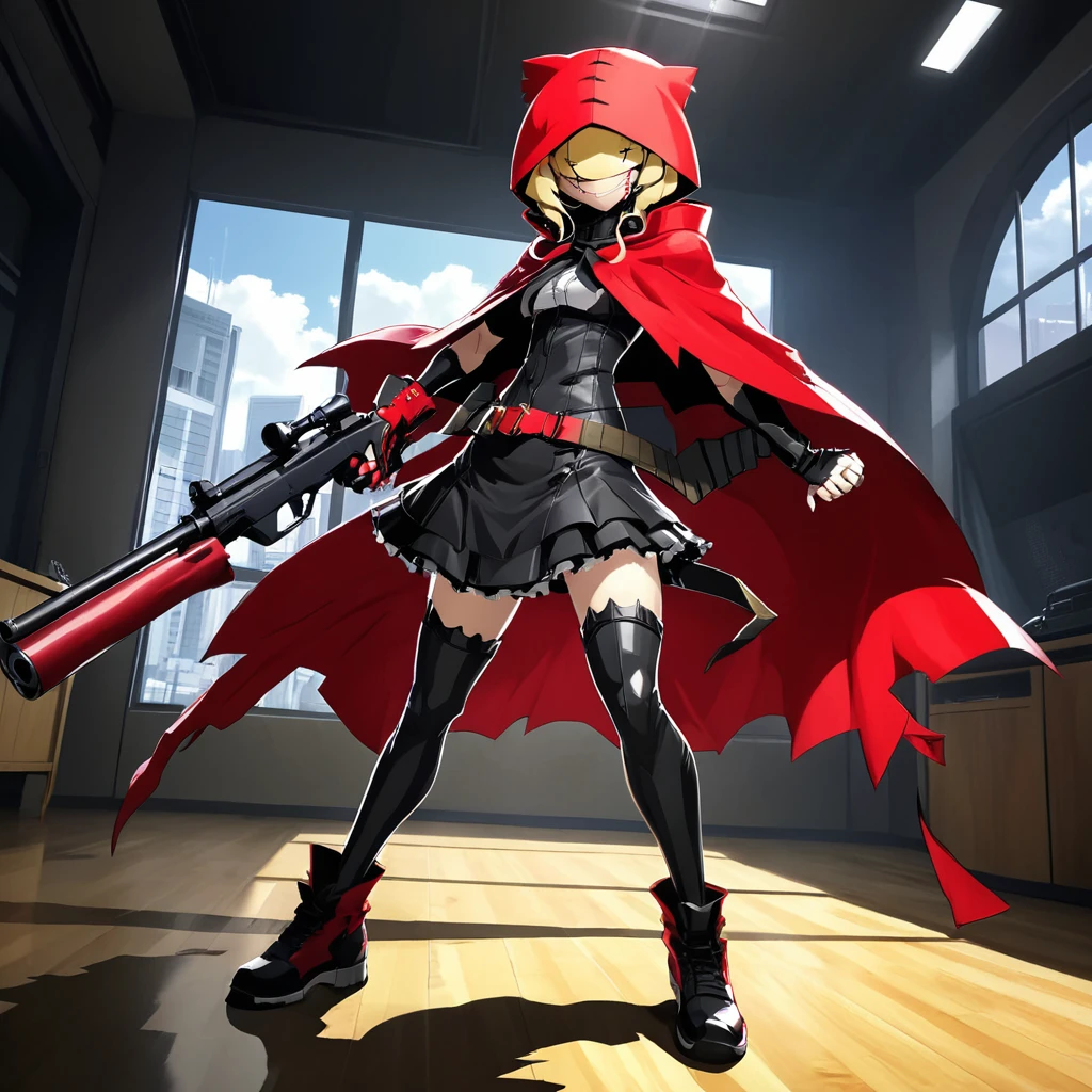 sfw, masterpiece, best quality,absurderes,2d,persona 5 anime cutsecene,anime,full body,1girl,solo,chaperomon,evil grin,hair over eyes blonde hair,stitches,dynamic pose,holding gun,red hood,cape, indoors, <lora:ChaperomonXL:0.8>