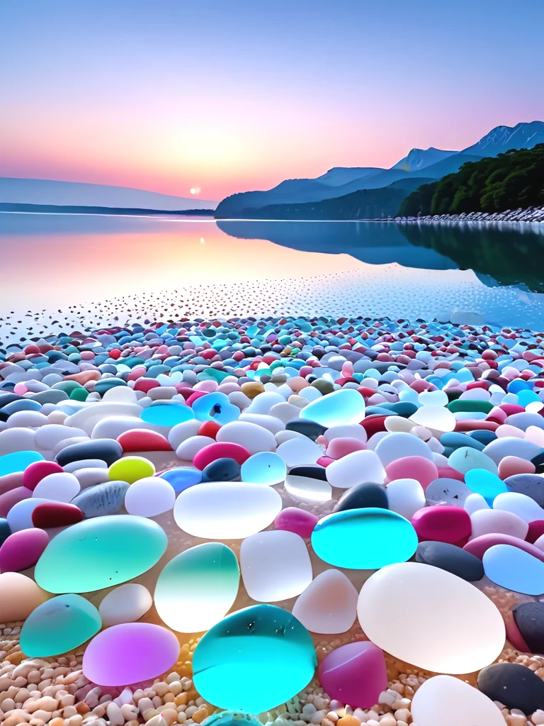 glass beach, colorful pebbles, gemstone cobbles, crystal marbles, multiple colored transparent beads, glowing, sky, lake, scenery, <lora:glassbeach_sdxl:1>