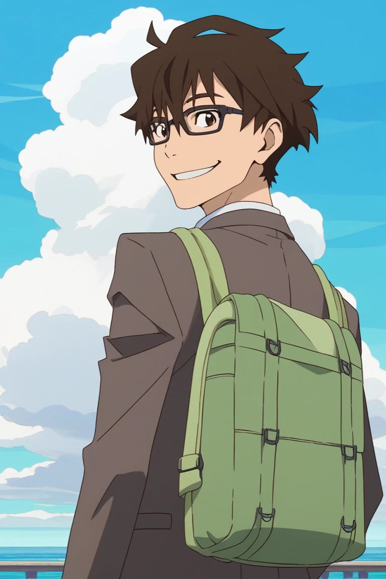 score_9, score_8_up, score_7_up, score_6_up, masterpiece, best quality, amazing quality, best aesthetic, absurdres, intricate details, official style
makoto edamura, brown hair, brown eyes, 1boy, male focus, glasses, backpack, solo, cloud, sky, bag, smile, day, parody, looking back, blue sky, anime coloring, grin, looking at viewer, style parody, brown necktie, brown jacket<lora:EMS-447424-EMS:1.000000>