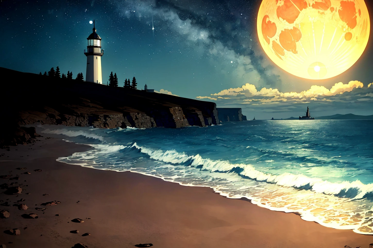 masterpiece, ultra-detailed, best quality, illustration, 8k cg wallpaper, an extremely delicate and beautiful, stunning landscape, beach, lighthouse, moon, stars, clouds, intricately detailed items in background, <lora:OtGW:1>