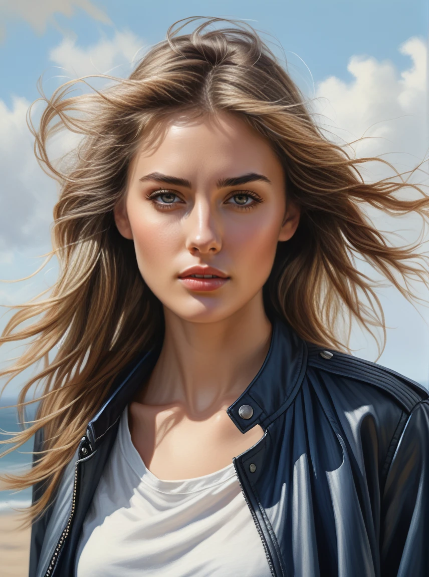 hyper-realistic portrait of a far_away female in contemporary clothing, she is standing she has windswept hair, Highly detailed gorgeous face, perfect features 50mm