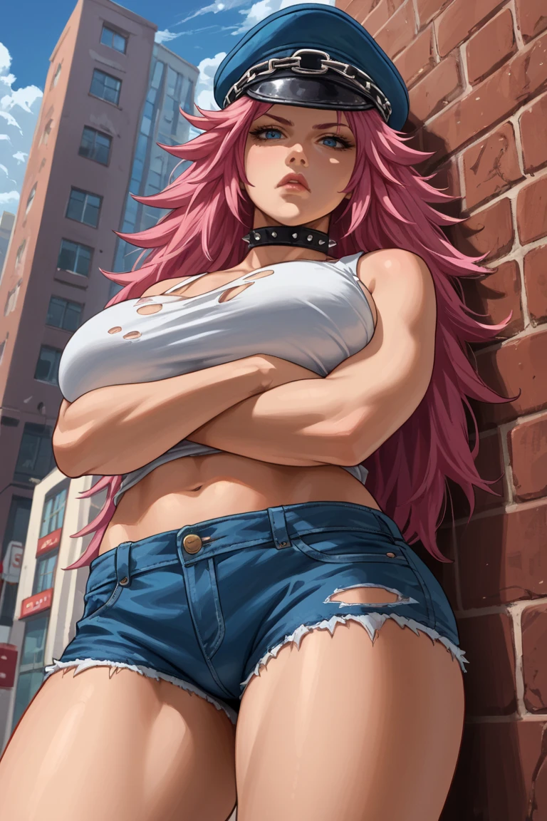 score_9, score_8_up, score_7_up, source_anime BREAK 1girl, solo, cowboy shot, looking at viewer, close-up, facing viewer, 
<lora:PosionDwnsty:1>,  poisonff, pink hair, blue eyes, spiked hair, peaked cap, choker, collar, tank top, short shorts, denim shorts, torn clothes, androgynous,
huge breasts, bored, lips, puckered lips, annoyed, crossed arms, from below, 
outdoors, street, blue sky, cloud, against wall, leaning back,