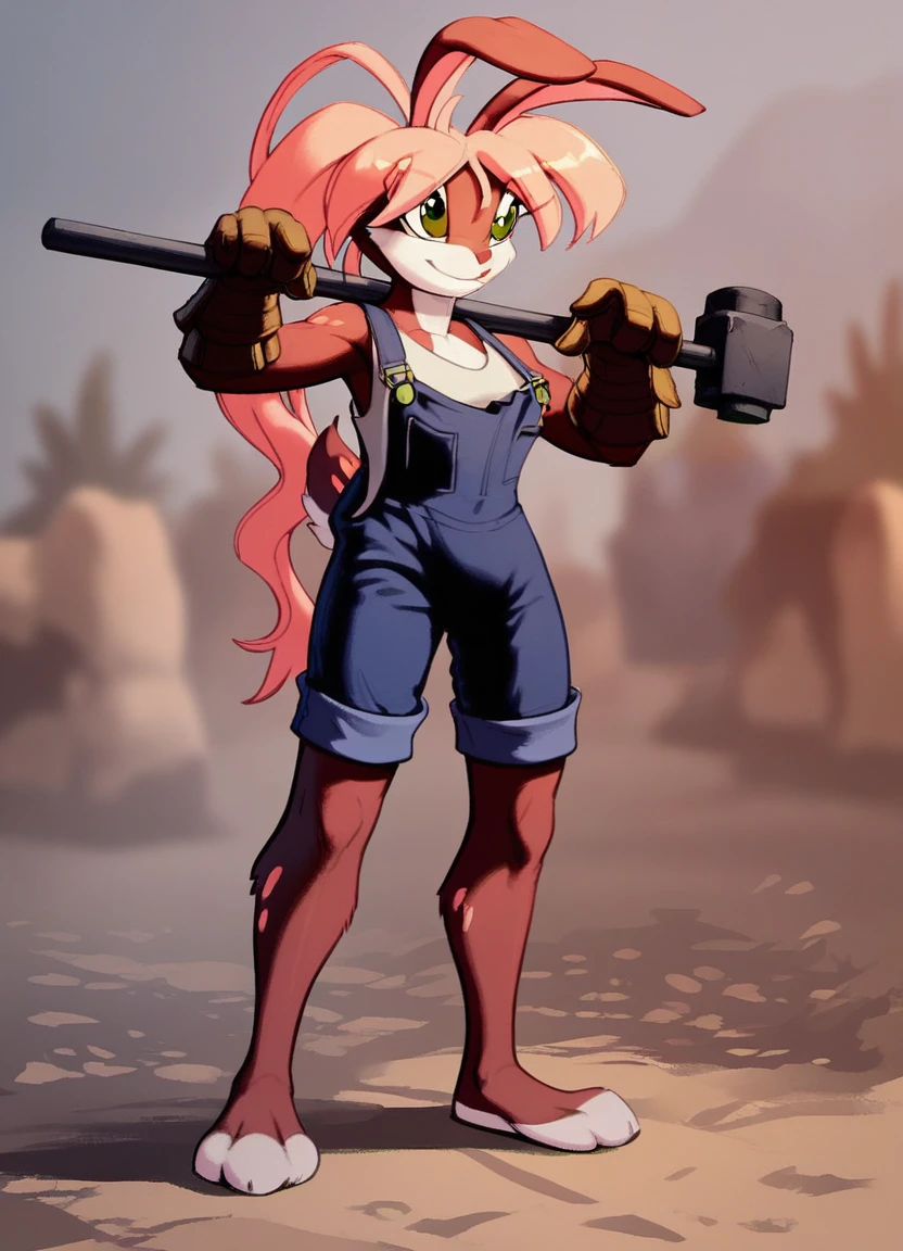 score_9, score_8_up, score_7_up, score_6_up, 1girl, solo, ((h4l3y, anthro, female, rabbit, lop ears, green eyes, pink hair)), standing, full body portrait, overalls, shirt, gloves, hammer, hammer over shoulder, ((plains background)) <lora:Haley_Elysian_Tail_for_Pony>