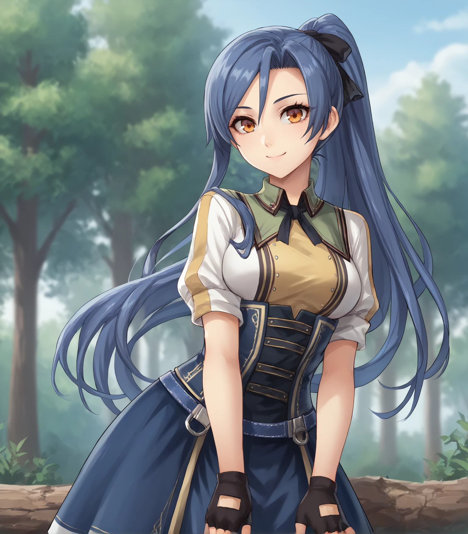 score_9, score_8_up, score_7_up, score_6_up, score_5_up, score_4_up, BREAK source_anime,
1girl, solo, <lora:LauraSArseidCS2:0.9>, Laura S Arseid, blue hair, long hair, high ponytail, hair ribbon, orange eyes, medium breasts, white dress, short sleeves, corset, blue skirt, fingerless gloves, knee boots,, 
upper body, portrait, looking at viewer, smile, outdoors, sky, trees, 
<lora:Racoonkun_Artist_Style:0.6>, racoonsan,,