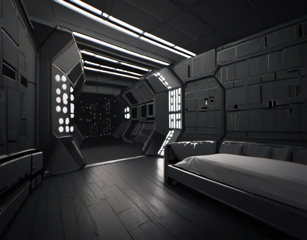 score_9, score_8_up, score_7_up, Imperial-Style, Imperial-Tech, Star Wars, monochrome, indoors, window, night, shadow, scenery, wooden floor, stairs, tiles, door, light, dark, tile floor, ceiling, bedroom, bed, pillows, ceiling light, realistic  <lora:SW_Imperial_Style:1>