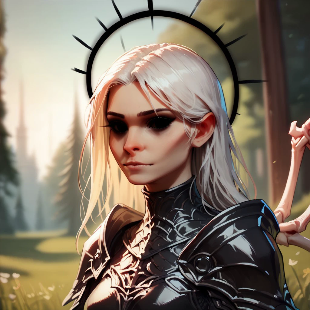 (((detailed, beautiful, high quality))), upper Body, score_9, score_8_up, score_7_up,
aasimar_Fallen, aasimar, black eyes, bone wings, black halo, 1girl, white hair, armor,
looking at the viewer, posing, blurred background, blurred fantasy background,