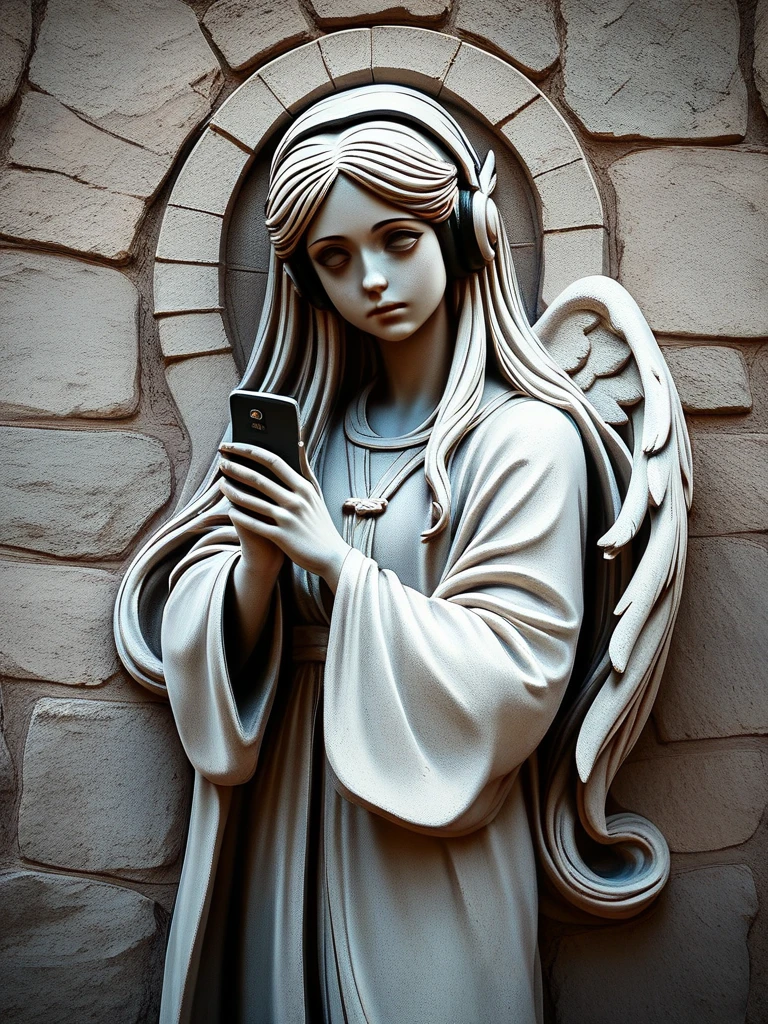 score_9,score_8_up,score_7_up,rating_questionable,1girl,<lora:stone_murals:1>,stone murals,empty eyes,looking away,face focus,long hair,sky,robe,headphones,holding smartphone,angel wings,