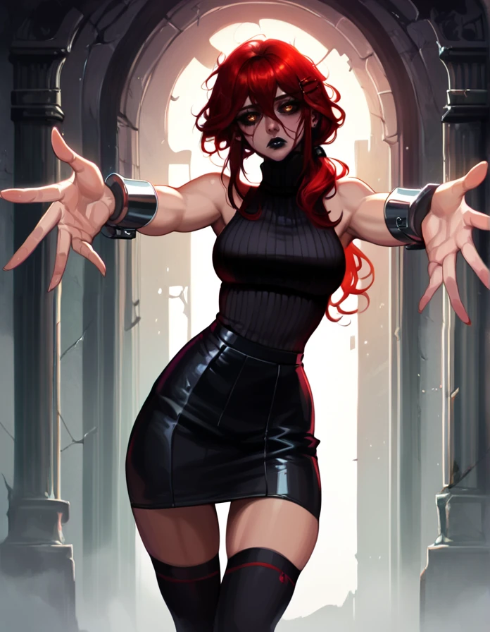 score_9, score_8_up, score_7_up, detailed background, realistic lighting, background: ruins,
1 girl, detailed eyes,slim and fit, solo, dynamic pose, mature adult female,
Kydra, red hair, hair glow, dark lips, sleeveless turtleneck, skirt, thigh highs, metal cuffs, tired,
<lora:Kydra-000010:0.7>,
<lora:Pony - Pose - HugginPov:1.2>, HI, reaching towards viewer, outstretched arms