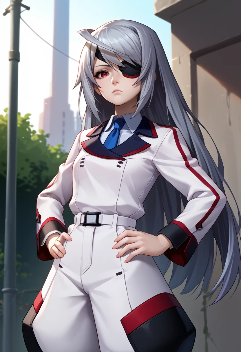 score_9, score_8_up, score_7_up, source_anime, solo, 1girl, laurab0dewig, expressionless, looking at you, standing, hands on own hips, grey hair, ahoge, red eyes, eyepatch, school uniform, white jacket, long sleeves, white shirt, collared shirt, blue necktie, white pants, baggy pants, white belt, outdoors <segment:yolo-face_yolov8m.pt>