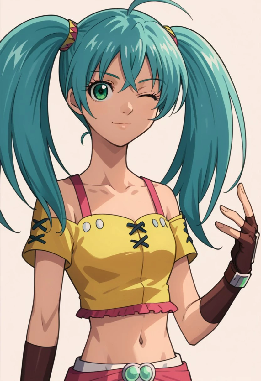 score 9, score 8 up, score 7 up,masterpiece_portrait, high quality, masterpiece_portrait, high quality, anime coloring, bakugan, runo misaki, 1girl, solo, twintails, one eye closed, gloves, long hair, fingerless gloves, aqua hair,green eyes, midriff,navel