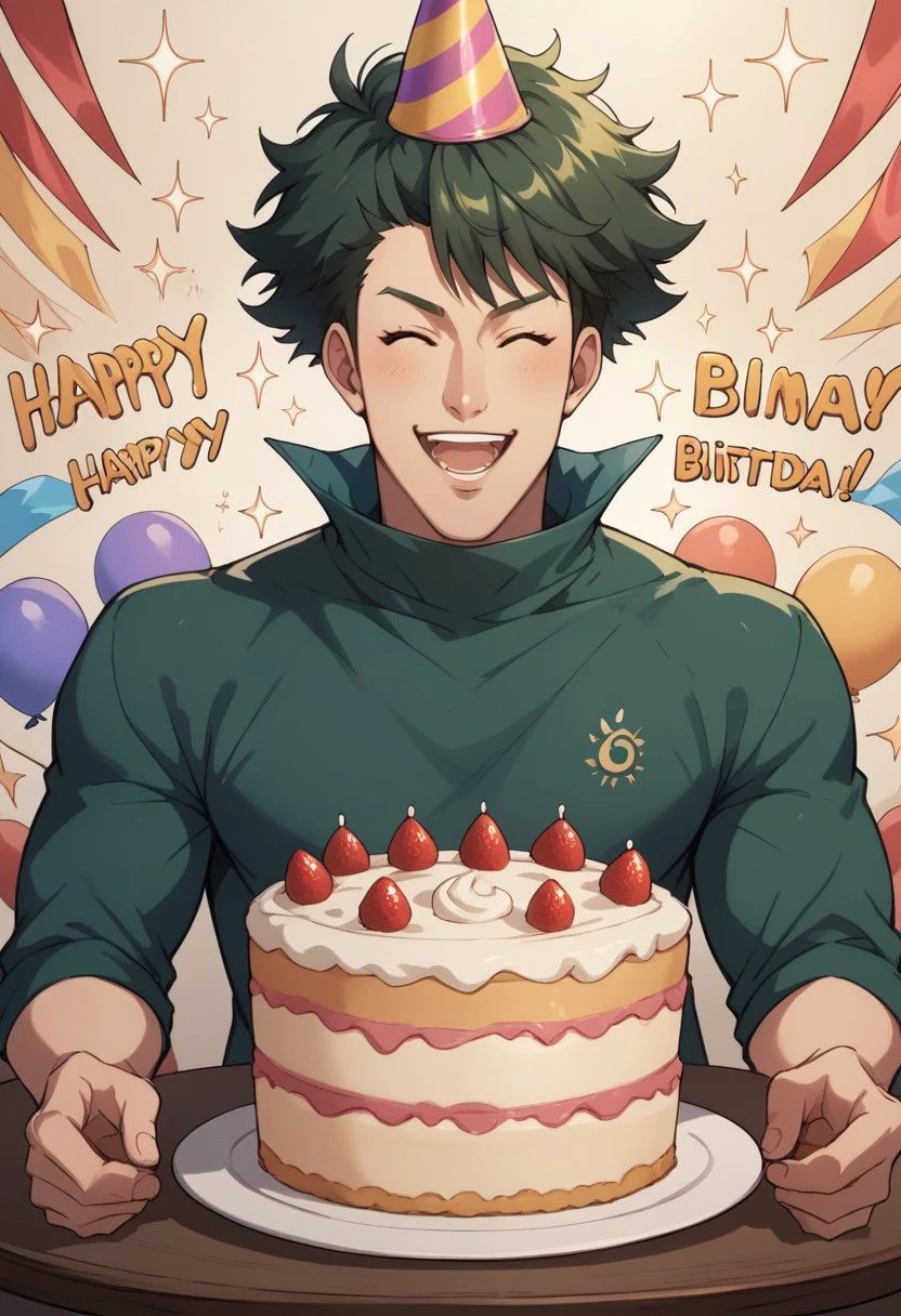 score_9, score_8_up, score_7_up, source_anime, rating_safe, sparkles effects, Wartail, dark green hair, male focus, closed eyes, casual clothes, party hat, open mouth, wide smile, teeth, upper body, hands with five fingers, happy birthday, cake on table, simple patterned background, cute wallpaper, happy-cheery,