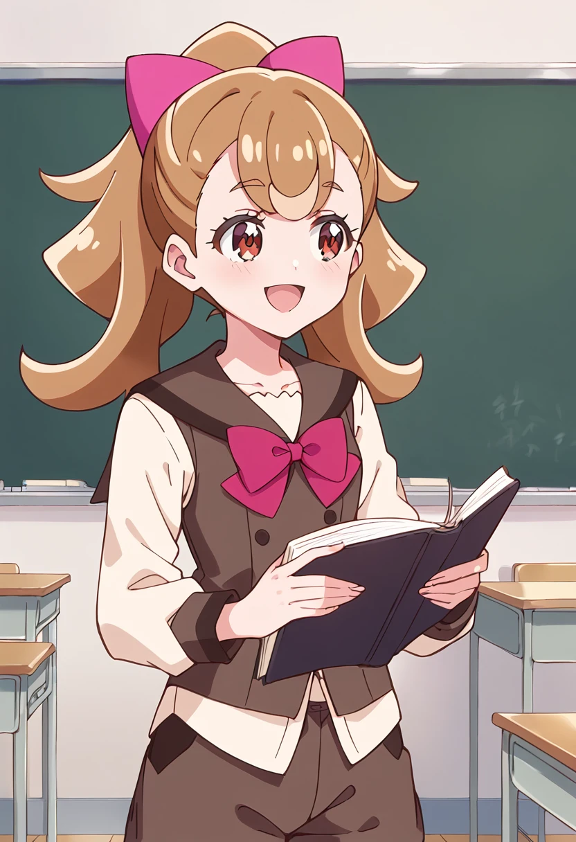 score_9, score_8_up, score_7_up, source_anime, BREAK
inukai komugi, wan-nyan-chu school uniform, 1girl, solo, book, open mouth, smile, hair bow, holding book, indoors, :d, brown hair, school uniform, red eyes, school desk, classroom, eyebrows visible through hair, long hair, locker, standing, pink bow, long sleeves, open book, bangs, eyelashes, ponytail, light brown hair, cowboy shot, collarbone, shiny hair, hands up, white shirt, reading, brown eyes, brown shorts, tongue, blonde hair, high ponytail, red bow, brown vest, notebook, school chair, chalkboard, black vest, looking to the side, serafuku, brown sailor collar, happy, purple bow, half updo, pink neckwear, hair ribbon, medium hair, grey vest, red neckwear, purple neckwear, collared shirt, pink ribbon, tied hair, looking away, brown shirt, buttons, blush, flipped hair, black sailor collar, pink bowtie
<lora:cure_wonderful_inukai_komugi_sdxl_locon_pony_v1:0.7>