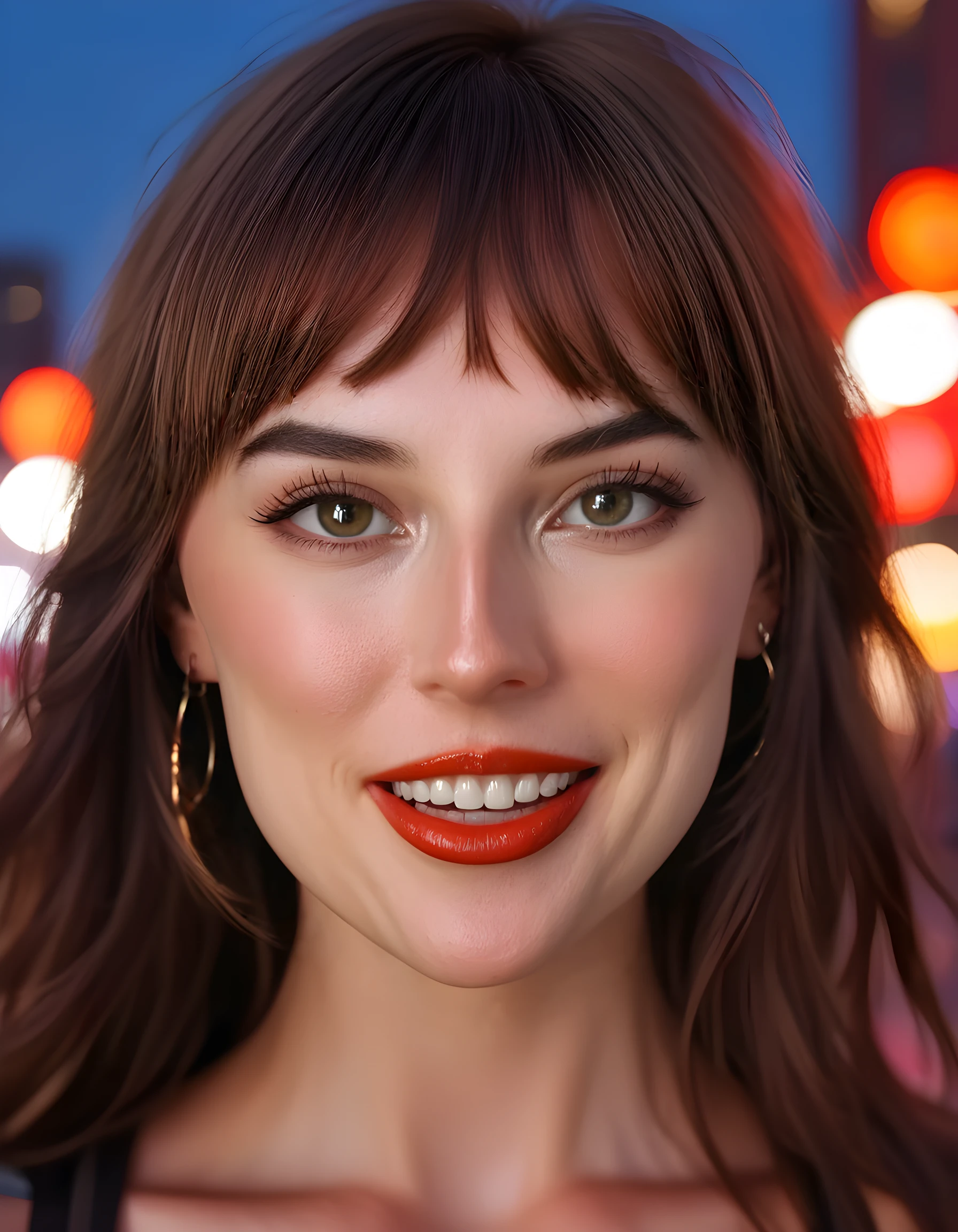 A captivating close-up portrait, shot from a low angle to emphasize the subject's strength and confidence, of D415YD4Y - a striking woman with chic brown hair cascading down her shoulders, framing her expressive brown eyes that sparkle with intelligence and determination. Her long bangs are swept to one side, revealing a radiant smile with perfectly white teeth and full lips painted a bold, fiery red. The background is a blurred backdrop of a vibrant, steampunk cityscape at dusk, with neon lights casting an ethereal glow on her face. The overall mood is empowering and dynamic, capturing the essence of a modern-day superheroine in this unique, genre-bending image.