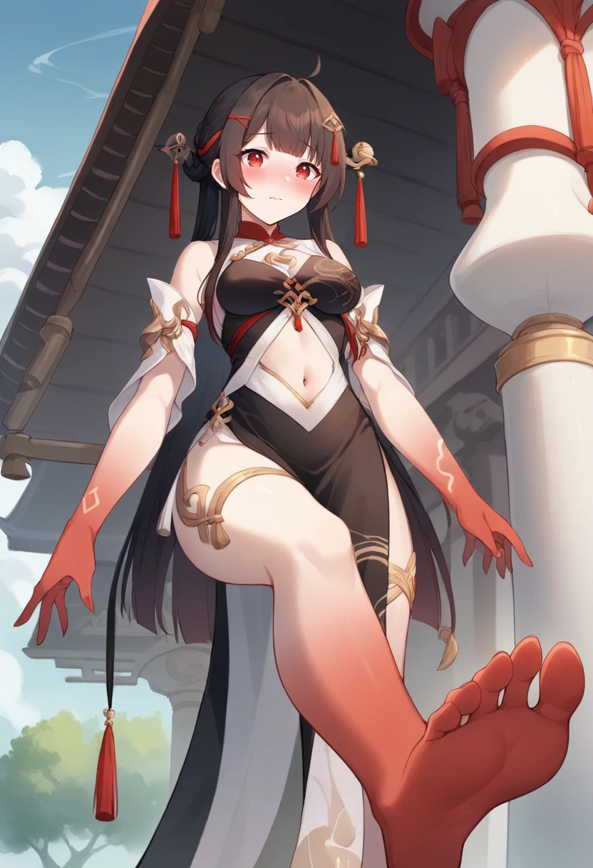 score_9,score_8_up,score_7_up,
<lora:HSR_LS.V1.4_pony:1>,HSR_LS,1girl,solo,closed mouth,red eyes,black and white dress,black hair,red hand,looking at viewer,smile,detached sleeves,gold thigh tattoo,gold striped dress,(red feet:1.2),hairpin,white silk bracelet,navel,
from_below,upper_body,tree,gazebo,street,chinese architecture,take a walk,take a walk,grabbing,