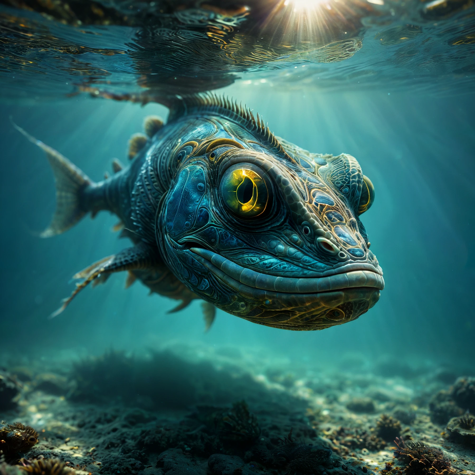 Closeup of an alien lizard fish swimming in the ocean. Atmospheric, rustic, moody, misty. Dappled rays of sunlight.

<lora:Twixt01_CE_SDXL:1.2> twxtCE