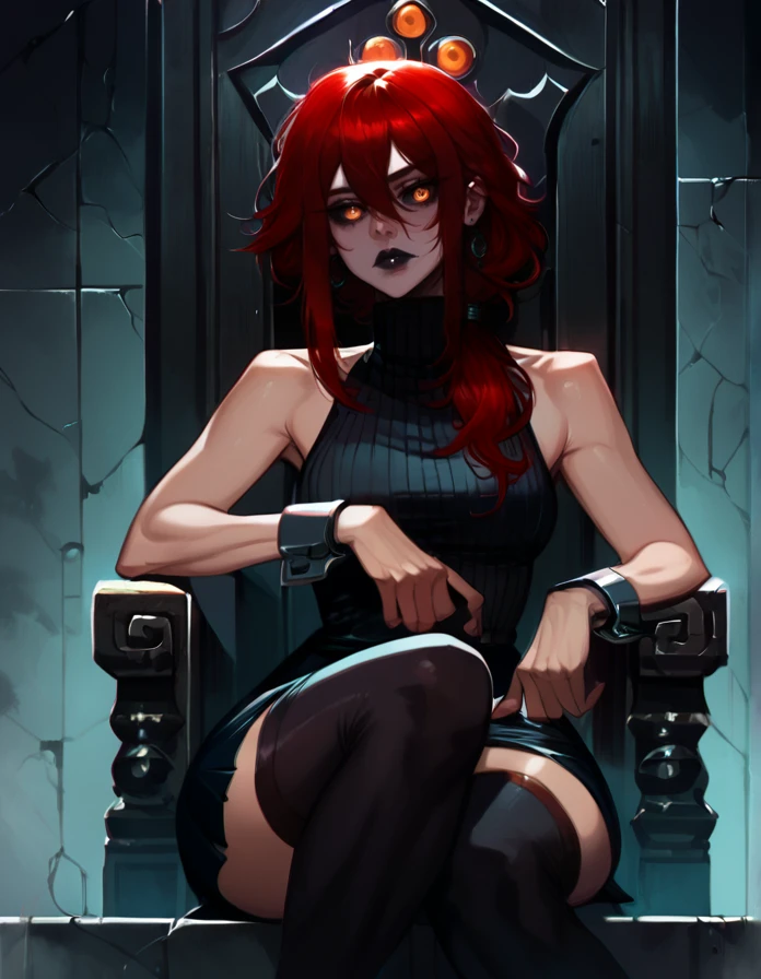 score_9, score_8_up, score_7_up,     detailed background, realistic lighting, sitting on throne, 
1 girl, detailed eyes,slim and fit, solo, dynamic pose,  mature adult female,
Kydra, red hair, hair glow, dark lips, sleeveless turtleneck, skirt, thigh highs, metal cuffs, 
<lora:Kydra-000010:0.8>,
 <lora:Pony - Style - Ratatat:1> ratatatat74, sketch