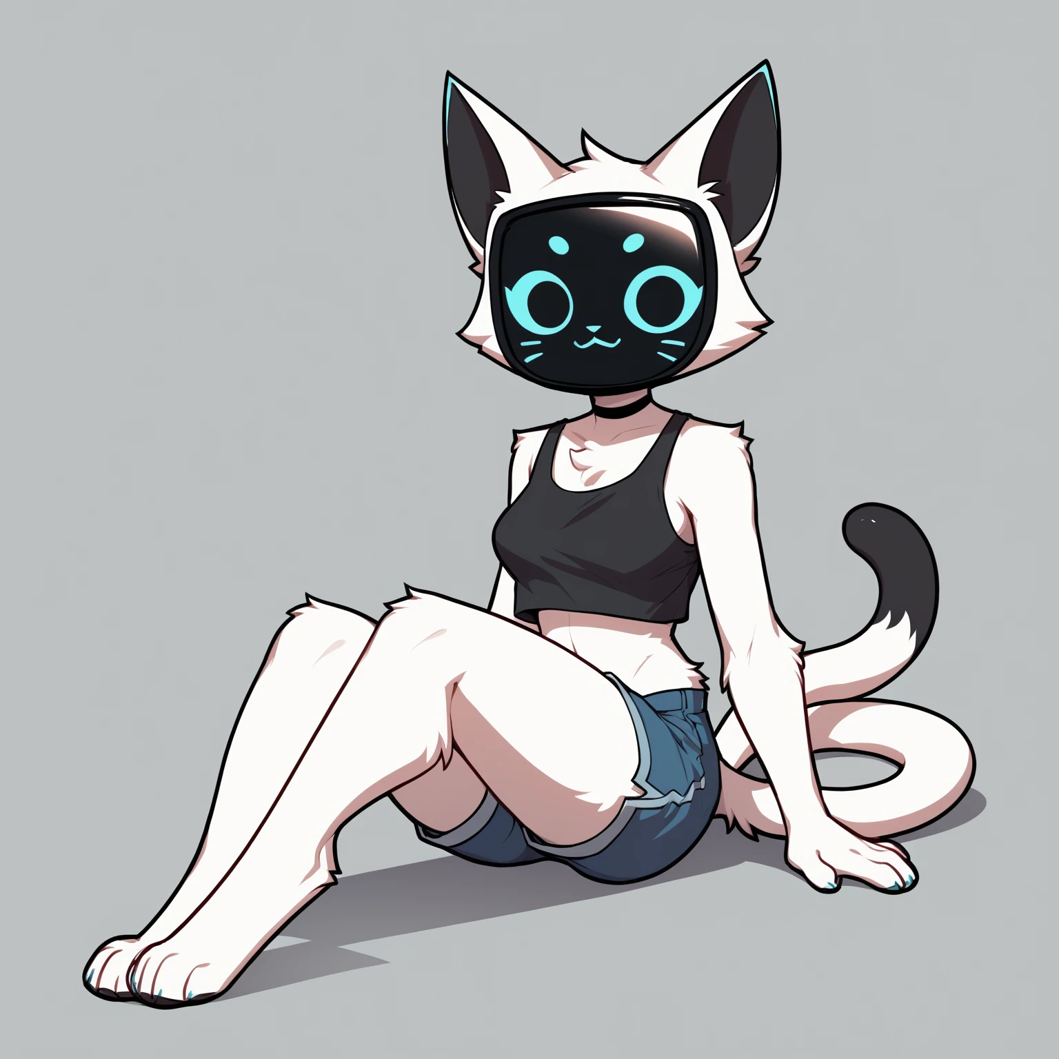 score_9, score_8_up <lora:Kerfus-PONY:0.8> kefus, anthro, furry, white fur, screen face, female, solo, full body, sitting, looking at viewer, tail, feline, tank top, cropped shirt, shorts