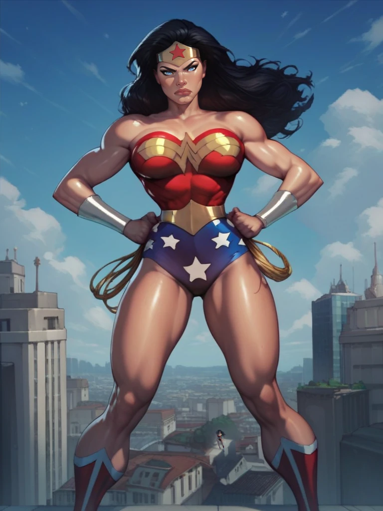 score_9, score_8_up, score_7_up, high quality, masterpiece, <lora:WonderWoman-100reps:1> Diana, 1girl, long hair, tiara, blue eyes, leotard, star (symbol), boots, bracers, black hair, rooftop, standing, hands on own hip, clenched hands, clenched fists, superhero, cityscape