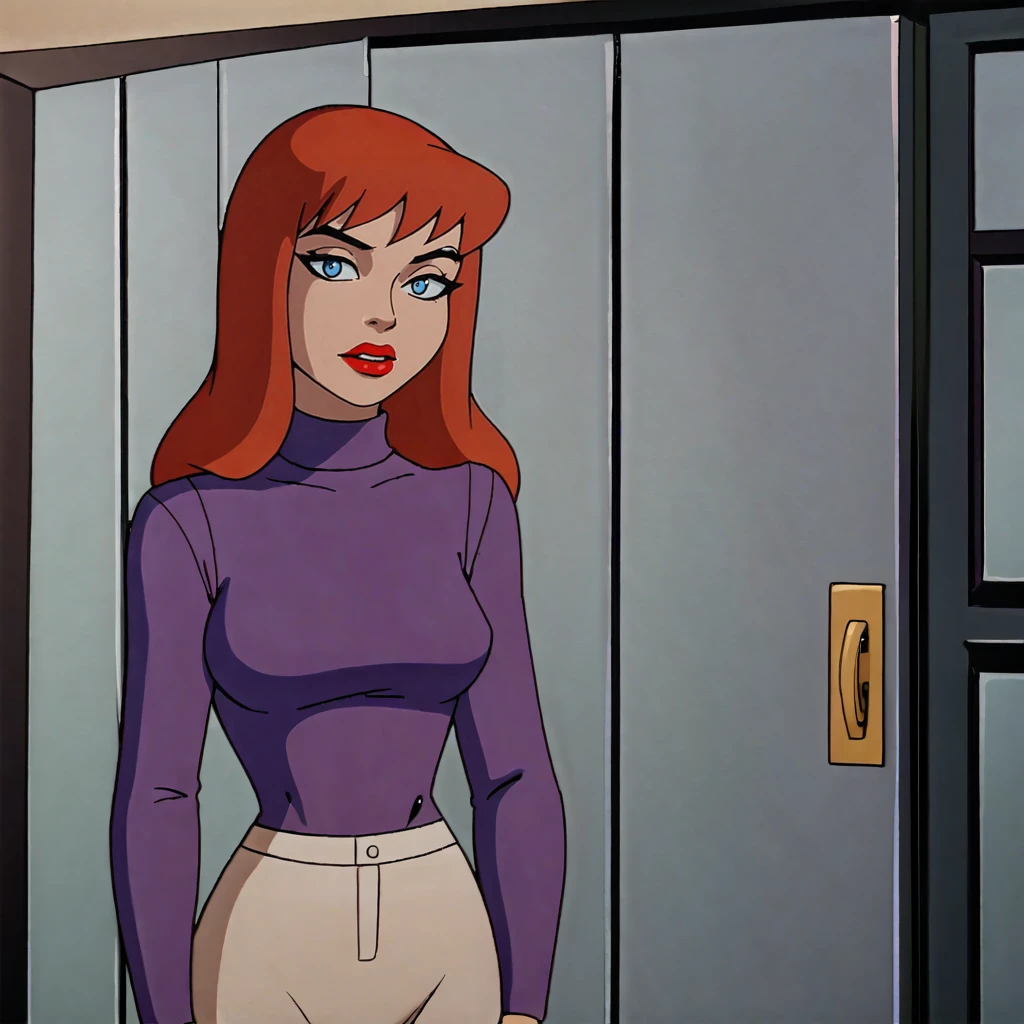 <lora:batgirlbtas_pony_v1:.7>BarbaraSpy, 1girl, blue eyes, red lips, lipstick, red hair, makeup, medium breasts, sweater, turtleneck, long hair, purple shirt, long sleeves