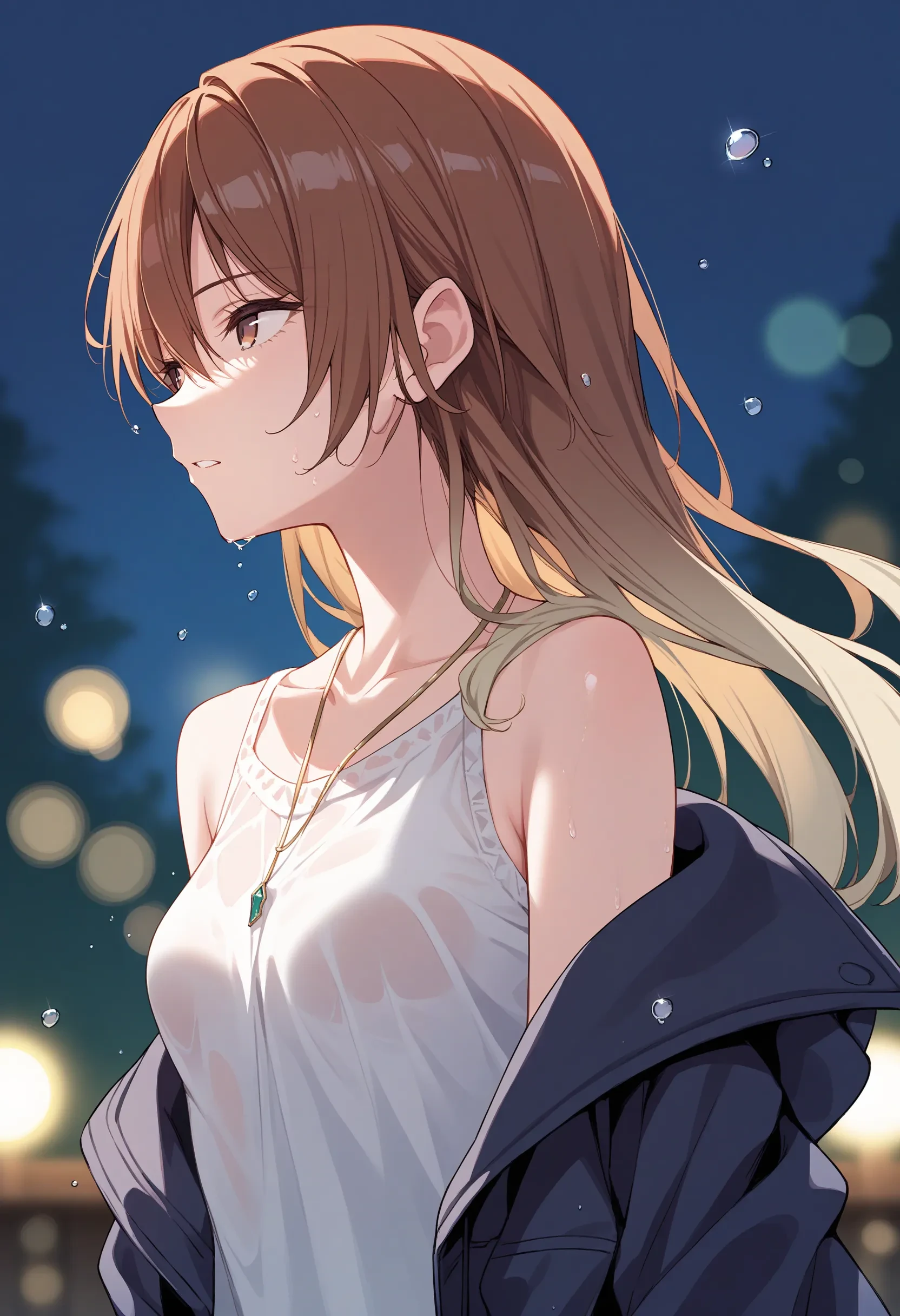 m_aketa, score_9, best quality, 
1girl, solo, blurry, looking afar, wet, long hair, multicolored hair, upper body, jewelry, gradient hair, brown hair, jacket partially removed, necklace, wet hair, blurry background, depth of field, bokeh, blonde hair, water drop, sleeveless, outdoors, small breasts, wet clothes, multicolored eyes, brown eyes, gradient eyes, collarbone, night, profile, jacket, off shoulder, dress, looking away, parted lips
<lora:m_aketaXL_pony:1>