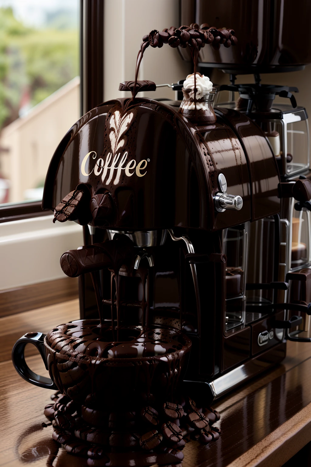 <lora:ChocolateCoffeeWorld:1> ChocolateCoffeeWorld coffee machine in the kitchen